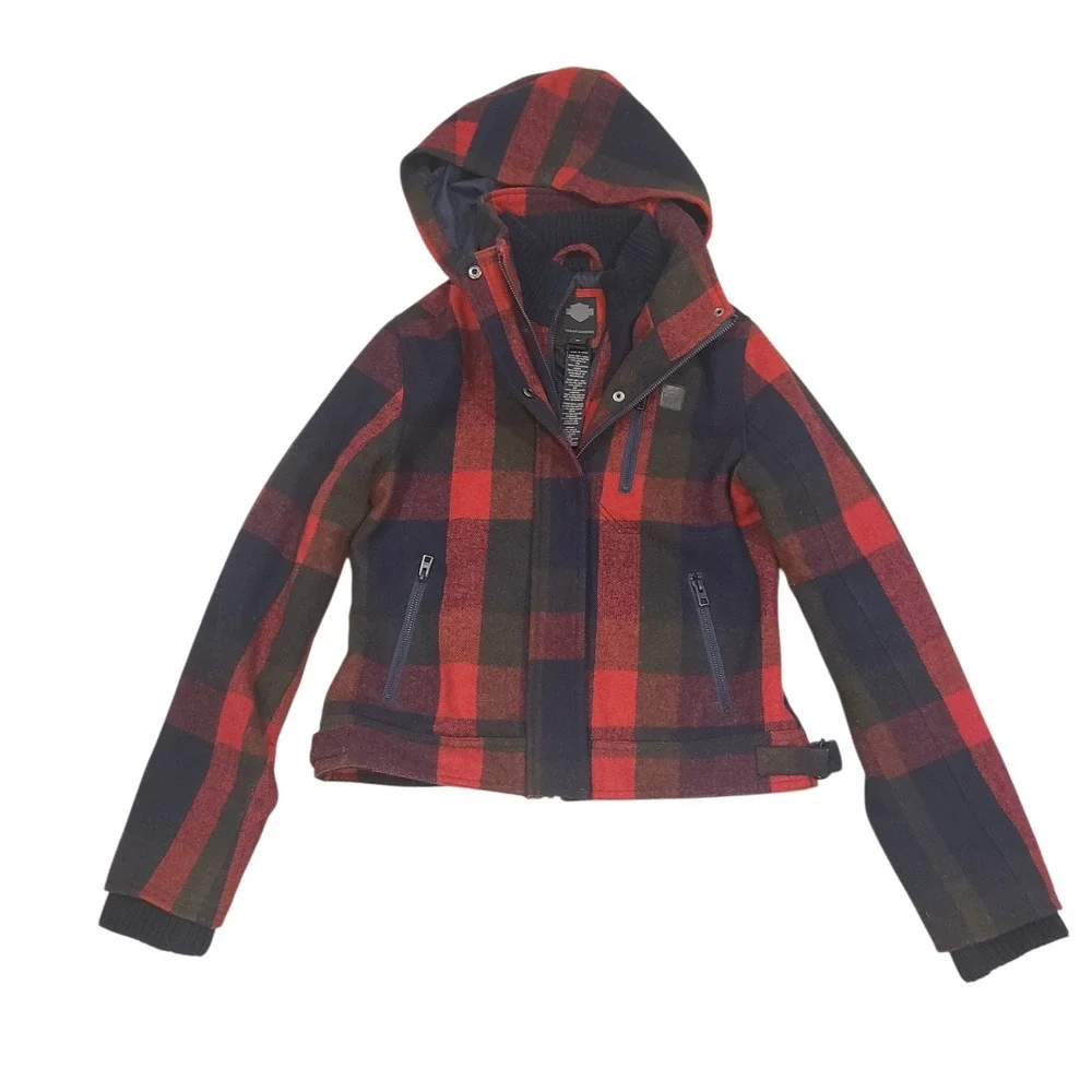 Harley-Davidson Women's Medium Wool Plaid‎ Hooded Jacket Red Double Zip